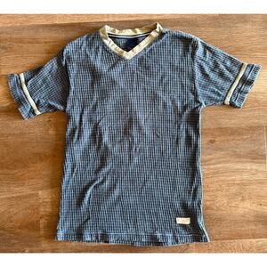 Tommy Jeans Textured Knit V-Neck T-Shirt Blue Green Short Sleeve Size Medium Y2K